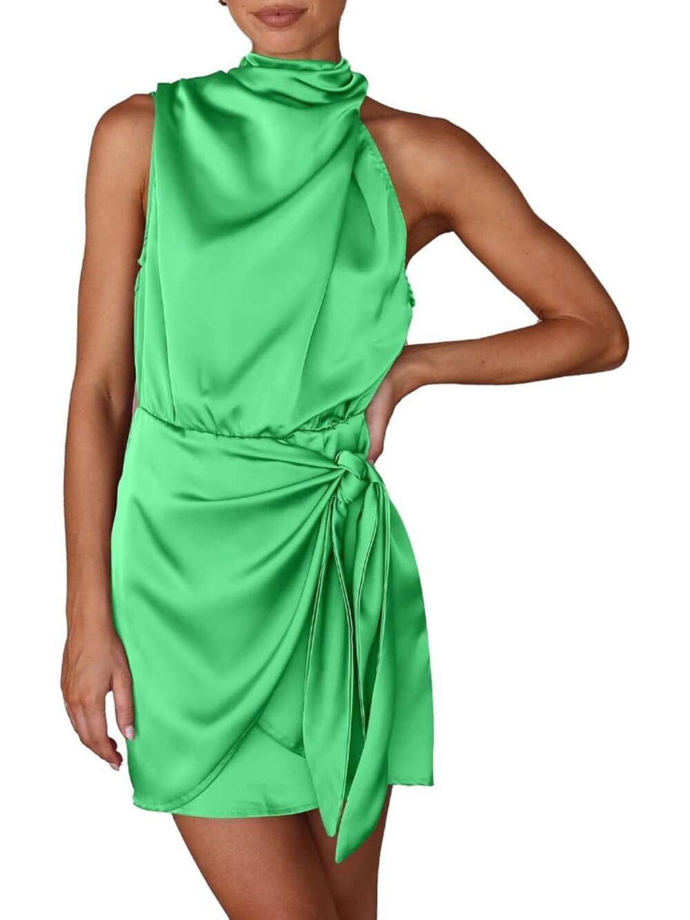 Women's Grass Green Sleeveless Mock Neck Formal Satin Tie Waist Tank Top Dress